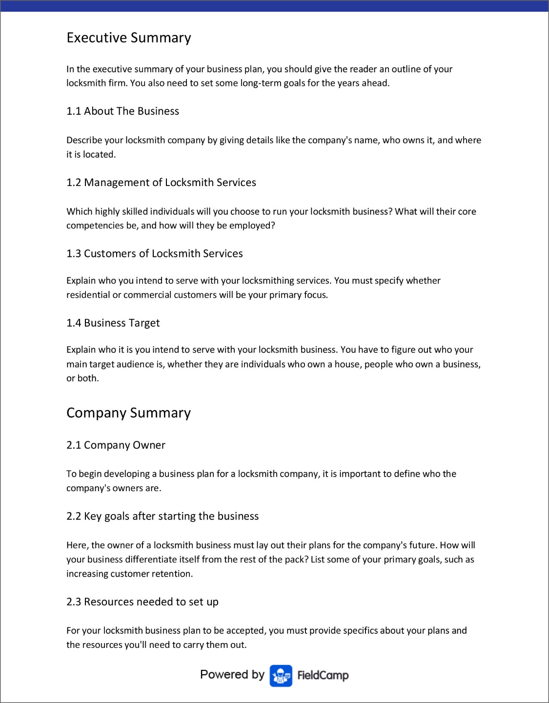 Locksmith business plan template